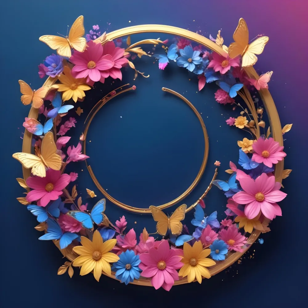 3d Model A Circular Frame With A Gold Outline Surrounded By Colorful Flowers And Butterflies The Background Transitions From Blue To Pink With Sparkling Effects And Bubbles Enhancing The Decorative Elements The Cente 43 149e