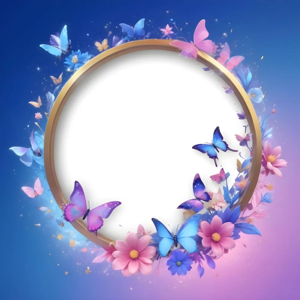 3d Model A Circular Frame With A Gold Outline Surrounded By Colorful Flowers And Butterflies The Background Transitions From Blue To Pink With Sparkling Effects And Bubbles Enhancing The Decorative Elements The Cente 44 Cf06