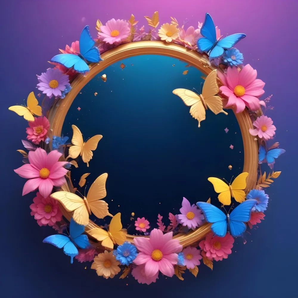 3d Model A Circular Frame With A Gold Outline Surrounded By Colorful Flowers And Butterflies The Background Transitions From Blue To Pink With Sparkling Effects And Bubbles Enhancing The Decorative Elements The Cente 45 Dd5e