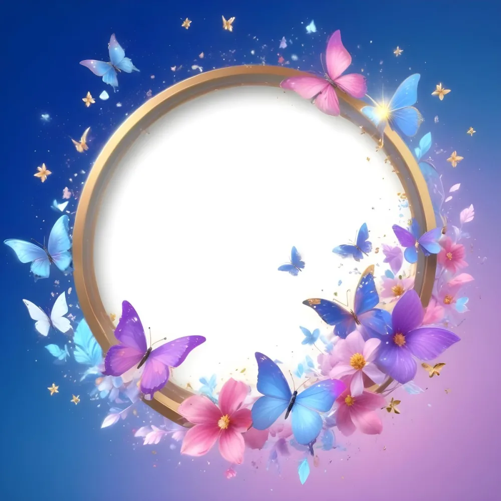 3d Model A Circular Frame With A Gold Outline Surrounded By Colorful Flowers And Butterflies The Background Transitions From Blue To Pink With Sparkling Effects And Bubbles Enhancing The Decorative Elements The Cente 46 3acd