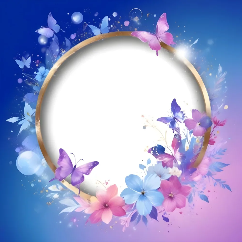 3d Model A Circular Frame With A Gold Outline Surrounded By Colorful Flowers And Butterflies The Background Transitions From Blue To Pink With Sparkling Effects And Bubbles Enhancing The Decorative Elements The Cente 5 8861