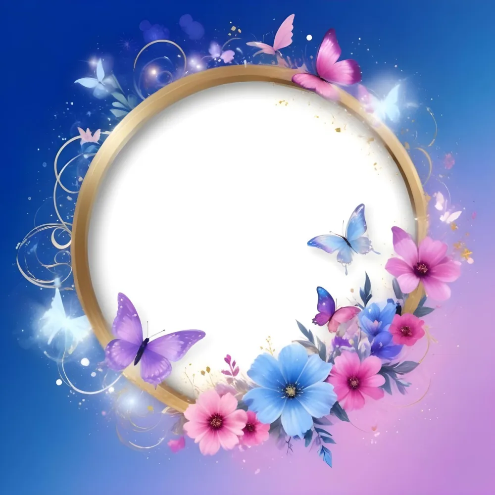 3d Model A Circular Frame With A Gold Outline Surrounded By Colorful Flowers And Butterflies The Background Transitions From Blue To Pink With Sparkling Effects And Bubbles Enhancing The Decorative Elements The Cente 8 03eb