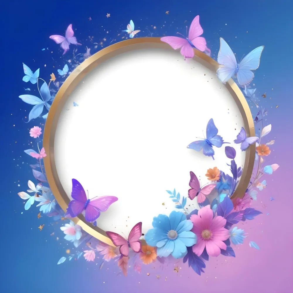 3d Model A Circular Frame With A Gold Outline Surrounded By Colorful Flowers And Butterflies The Background Transitions From Blue To Pink With Sparkling Effects And Bubbles Enhancing The Decorative Elements The Cente 9 431d