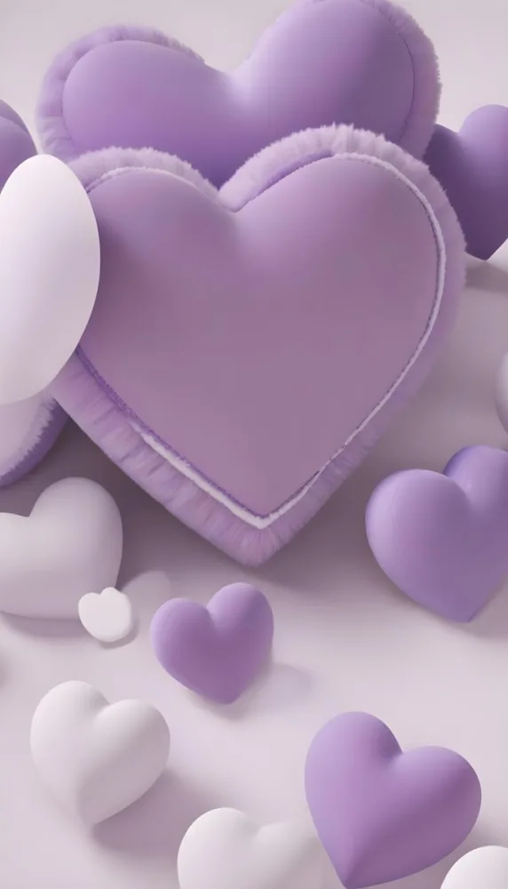 3d Model A Close Up View Of Several Heart Shaped Objects In Various Shades Of Purple And White The Objects Appear To Be Made Of A Soft Plush Material And Are Arranged In A Decorative Manner Against A Plain Light P 56 F510