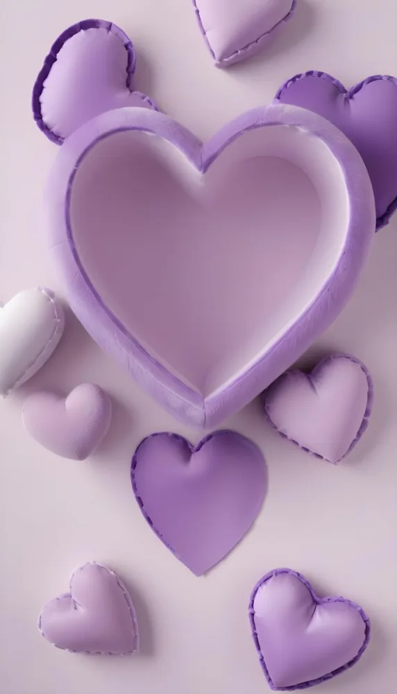 3d Model A Close Up View Of Several Heart Shaped Objects In Various Shades Of Purple And White The Objects Appear To Be Made Of A Soft Plush Material And Are Arranged In A Decorative Manner Against A Plain Light P 8 C143