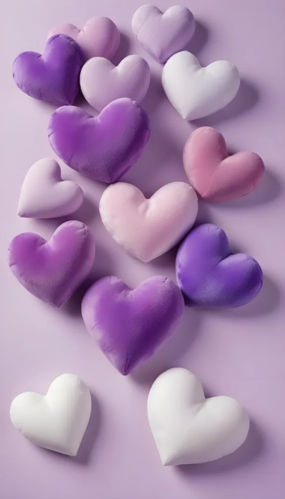 3d Model A Close Up View Of Several Heart Shaped Objects In Various Shades Of Purple And White The Objects Appear To Be Made Of A Soft Plush Material And Are Arranged In A Decorative Manner Against A Plain Light P 9 9995