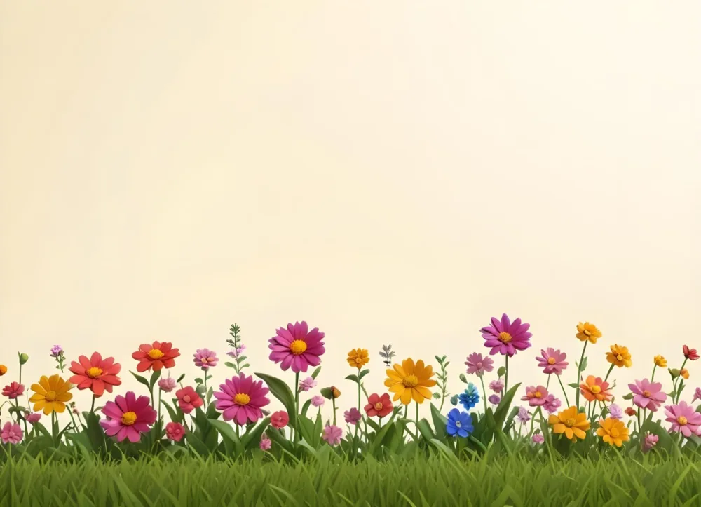 3d Model A Colorful Border Of Various Flowers Including Pink Blooms Set Against A Yellow Background With Green Grass At The Bottom Figure Octane Render Volumetric Highly Detailed Videogame Aesthetic 5 129a
