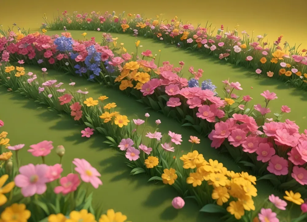 3d Model A Colorful Border Of Various Flowers Including Pink Blooms Set Against A Yellow Background With Green Grass At The Bottom Figure Octane Render Volumetric Highly Detailed Videogame Aesthetic 8 Ec6a