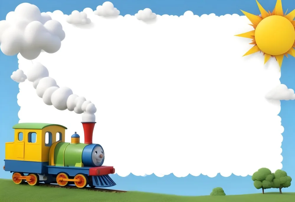 3d Model A Colorful Cartoon Train With Smoke Coming From Its Chimney Positioned On The Left Side Of The Image The Background Features A Bright Blue Sky With Fluffy White Clouds And A Yellow Sun In The Upper Right Corne 10 26e2