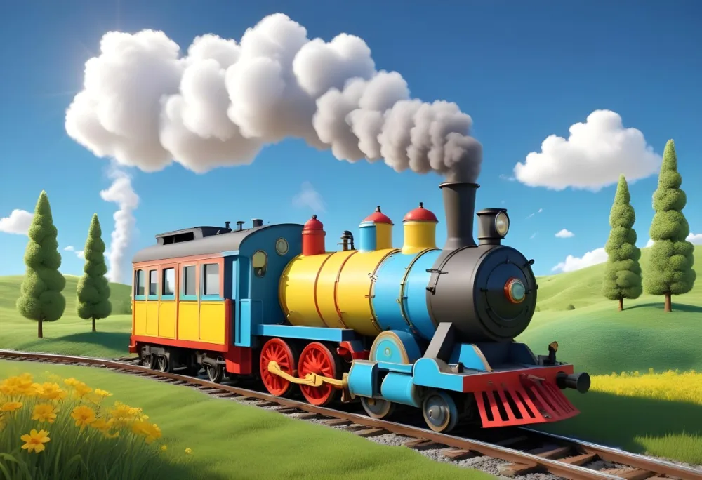 3d Model A Colorful Cartoon Train With Smoke Coming From Its Chimney Positioned On The Left Side Of The Image The Background Features A Bright Blue Sky With Fluffy White Clouds And A Yellow Sun In The Upper Right Corne 12 8683