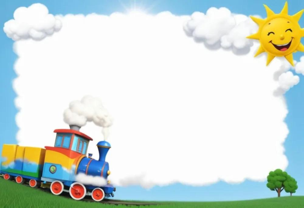 3d Model A Colorful Cartoon Train With Smoke Coming From Its Chimney Positioned On The Left Side Of The Image The Background Features A Bright Blue Sky With Fluffy White Clouds And A Yellow Sun In The Upper Right Corne 13 E8c4