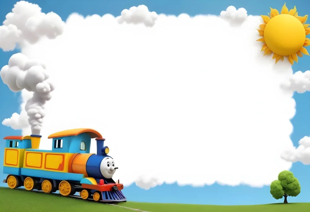 3d Model A Colorful Cartoon Train With Smoke Coming From Its Chimney Positioned On The Left Side Of The Image The Background Features A Bright Blue Sky With Fluffy White Clouds And A Yellow Sun In The Upper Right Corne 24 Dda9