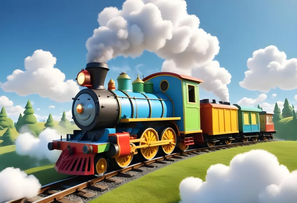 3d Model A Colorful Cartoon Train With Smoke Coming From Its Chimney Positioned On The Left Side Of The Image The Background Features A Bright Blue Sky With Fluffy White Clouds And A Yellow Sun In The Upper Right Corne 27 148f