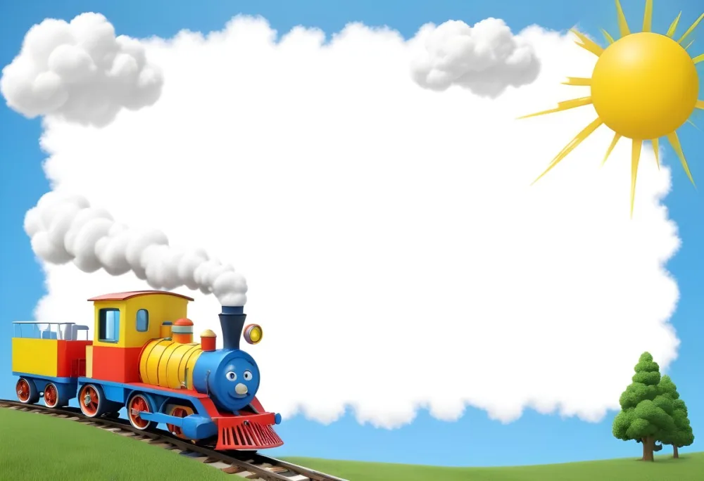 3d Model A Colorful Cartoon Train With Smoke Coming From Its Chimney Positioned On The Left Side Of The Image The Background Features A Bright Blue Sky With Fluffy White Clouds And A Yellow Sun In The Upper Right Corne 30 6cf7