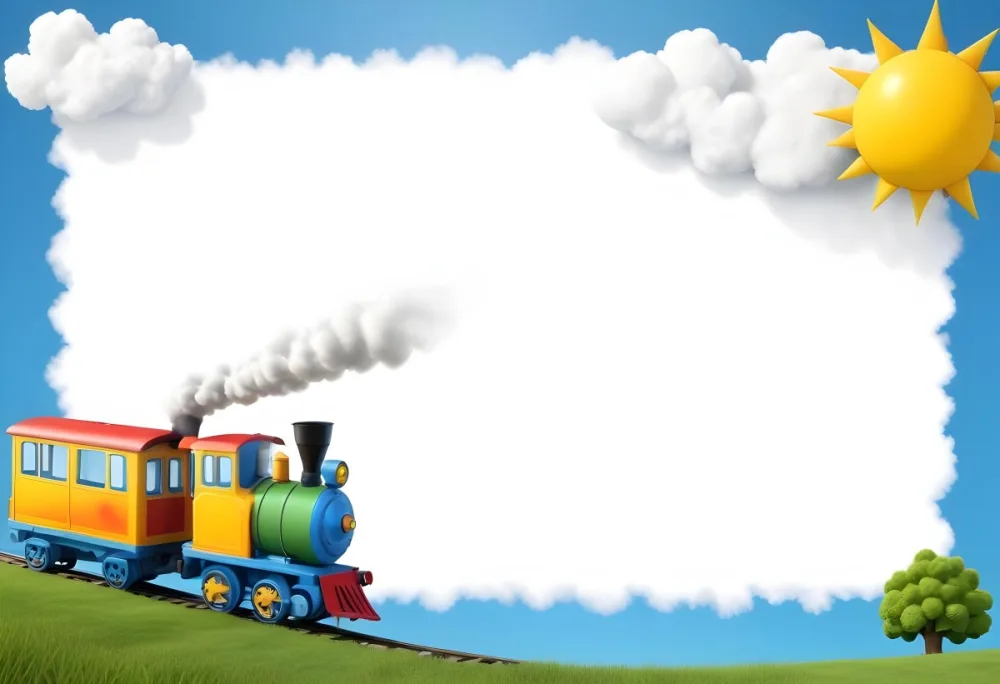 3d Model A Colorful Cartoon Train With Smoke Coming From Its Chimney Positioned On The Left Side Of The Image The Background Features A Bright Blue Sky With Fluffy White Clouds And A Yellow Sun In The Upper Right Corne 31 9714