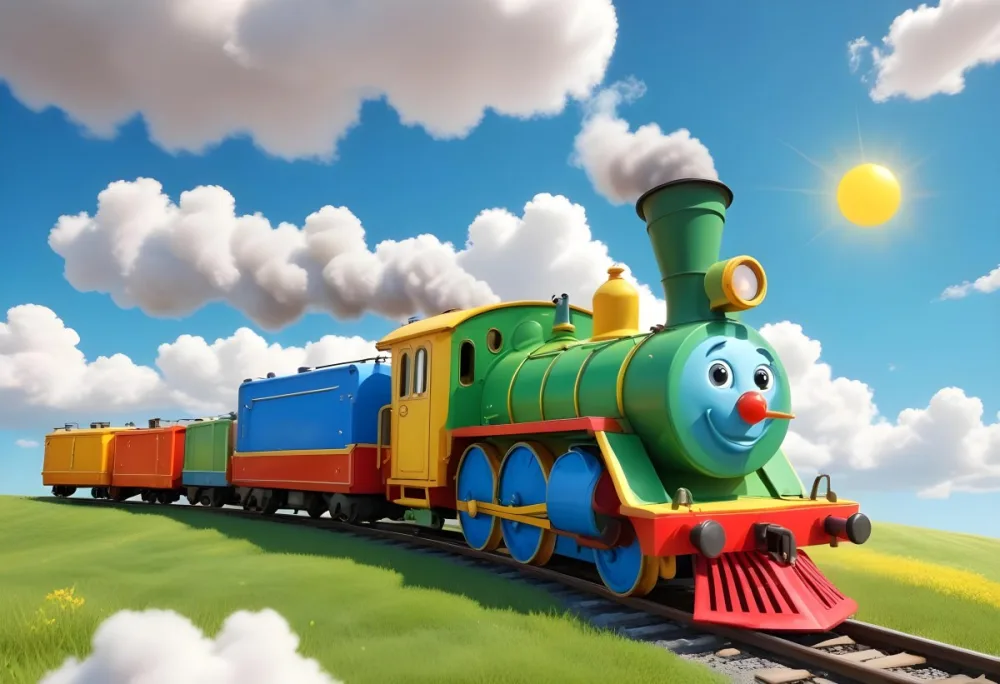3d Model A Colorful Cartoon Train With Smoke Coming From Its Chimney Positioned On The Left Side Of The Image The Background Features A Bright Blue Sky With Fluffy White Clouds And A Yellow Sun In The Upper Right Corne 33 52be