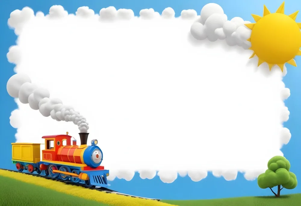 3d Model A Colorful Cartoon Train With Smoke Coming From Its Chimney Positioned On The Left Side Of The Image The Background Features A Bright Blue Sky With Fluffy White Clouds And A Yellow Sun In The Upper Right Corne 35 03e2