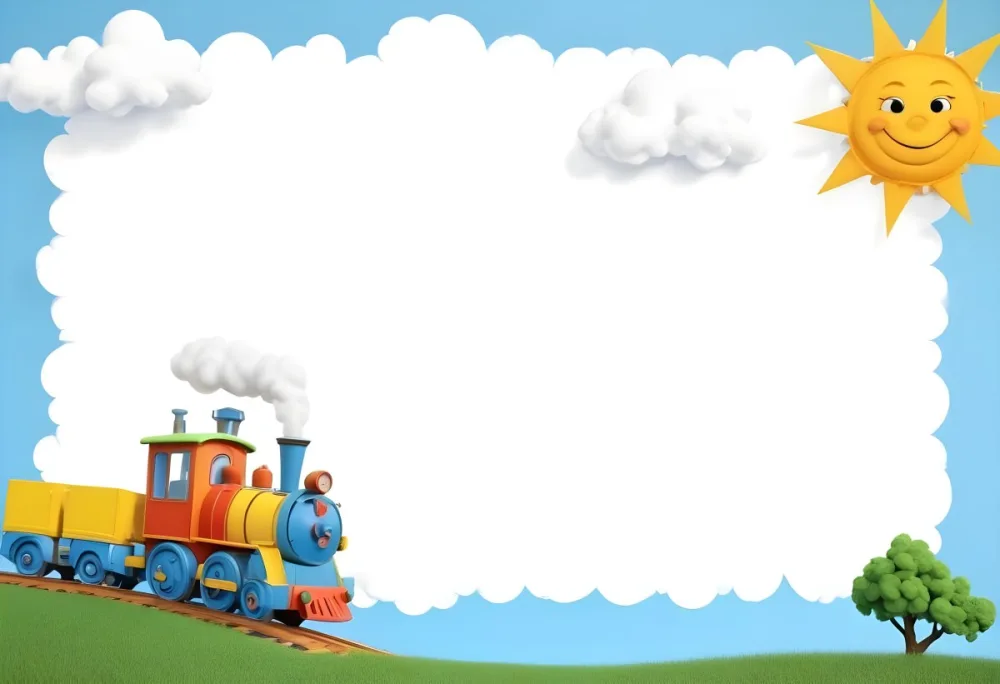 3d Model A Colorful Cartoon Train With Smoke Coming From Its Chimney Positioned On The Left Side Of The Image The Background Features A Bright Blue Sky With Fluffy White Clouds And A Yellow Sun In The Upper Right Corne 37 Aa71