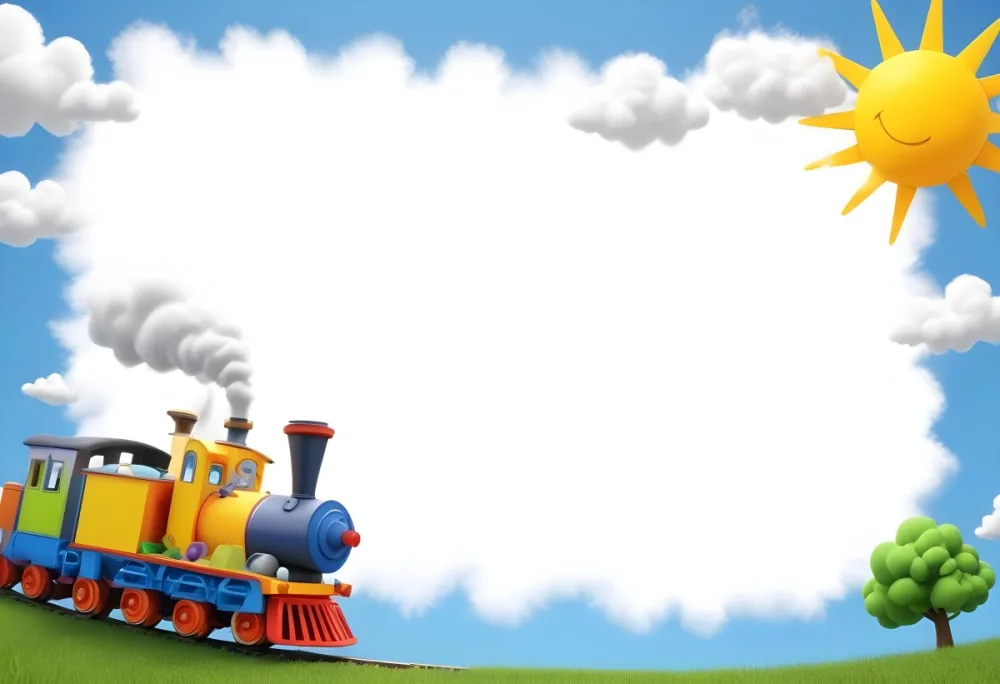 3d Model A Colorful Cartoon Train With Smoke Coming From Its Chimney Positioned On The Left Side Of The Image The Background Features A Bright Blue Sky With Fluffy White Clouds And A Yellow Sun In The Upper Right Corne 4 C690