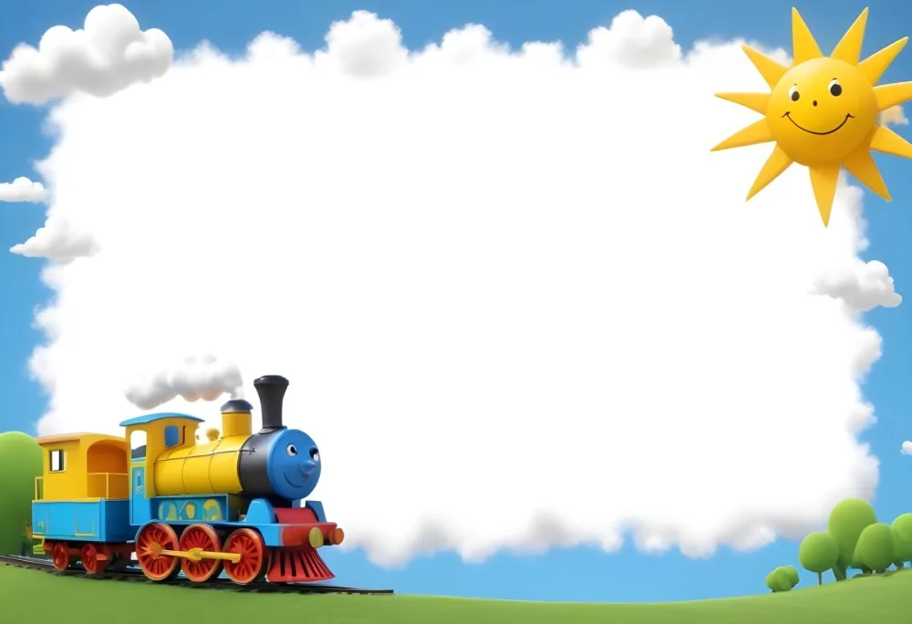 3d Model A Colorful Cartoon Train With Smoke Coming From Its Chimney Positioned On The Left Side Of The Image The Background Features A Bright Blue Sky With Fluffy White Clouds And A Yellow Sun In The Upper Right Corne 6 C37d