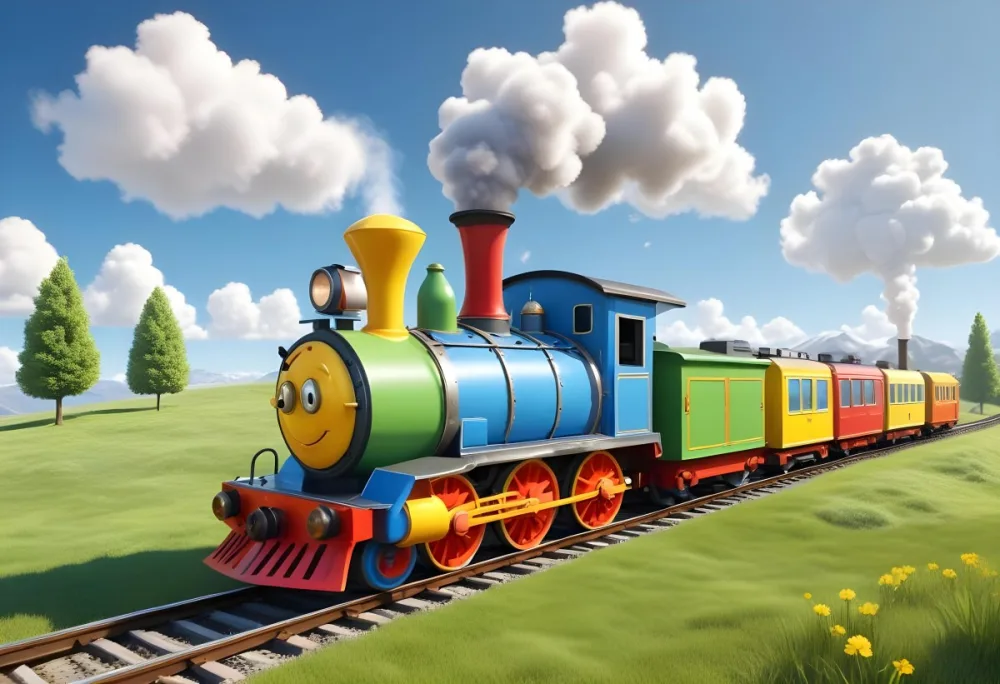 3d Model A Colorful Cartoon Train With Smoke Coming From Its Chimney Positioned On The Left Side Of The Image The Background Features A Bright Blue Sky With Fluffy White Clouds And A Yellow Sun In The Upper Right Corne 7 1ccf