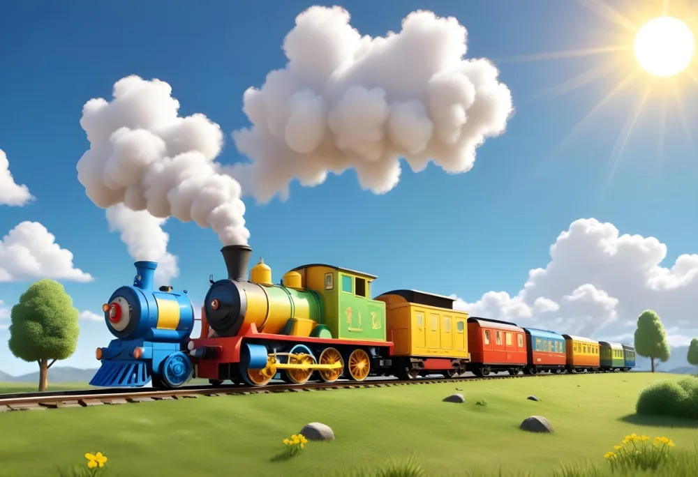 3d Model A Colorful Cartoon Train With Smoke Coming From Its Chimney Positioned On The Left Side Of The Image The Background Features A Bright Blue Sky With Fluffy White Clouds And A Yellow Sun In The Upper Right Corne 8 6b3a