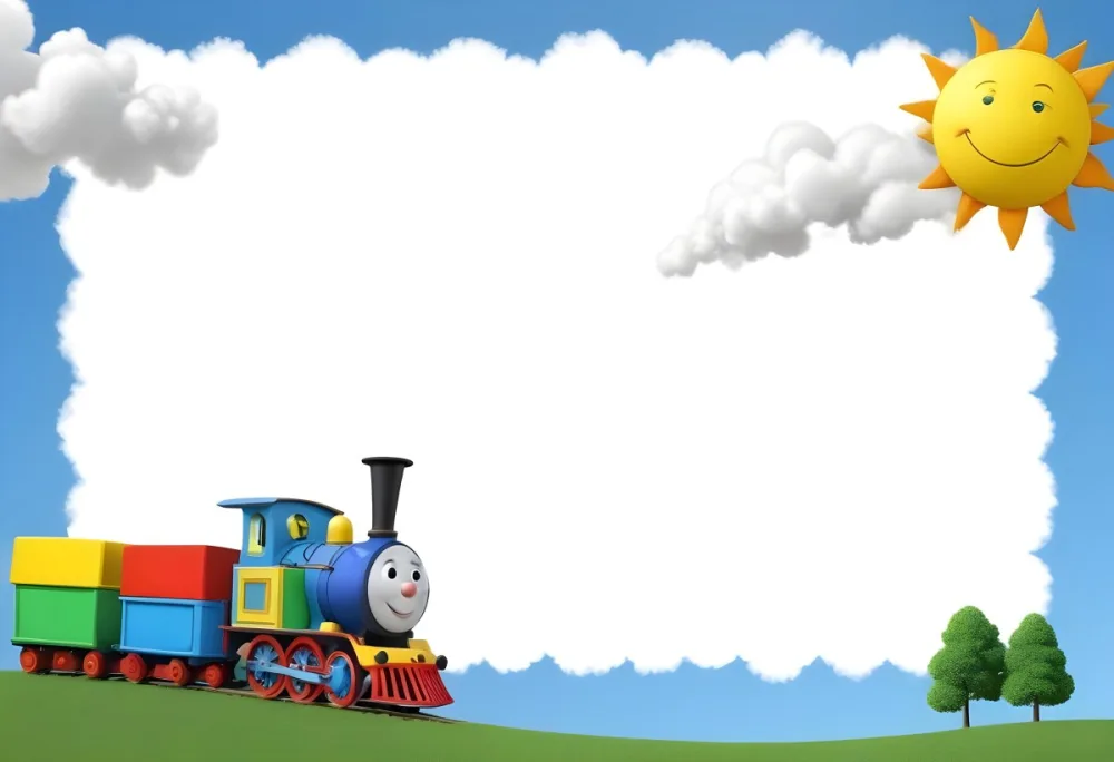 3d Model A Colorful Cartoon Train With Smoke Coming From Its Chimney Positioned On The Left Side Of The Image The Background Features A Bright Blue Sky With Fluffy White Clouds And A Yellow Sun In The Upper Right Corne 9 23b3