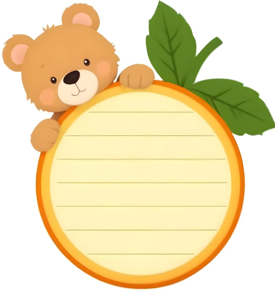 3d Model A Cute Cartoon Bear With A Light Brown Color And A Smiling Face Is Peeking Over The Top Of An Orange Circular Frame The Frame Has A Textured Orange Peel Appearance And Features Green Leaves On The Right Side T 11 C001