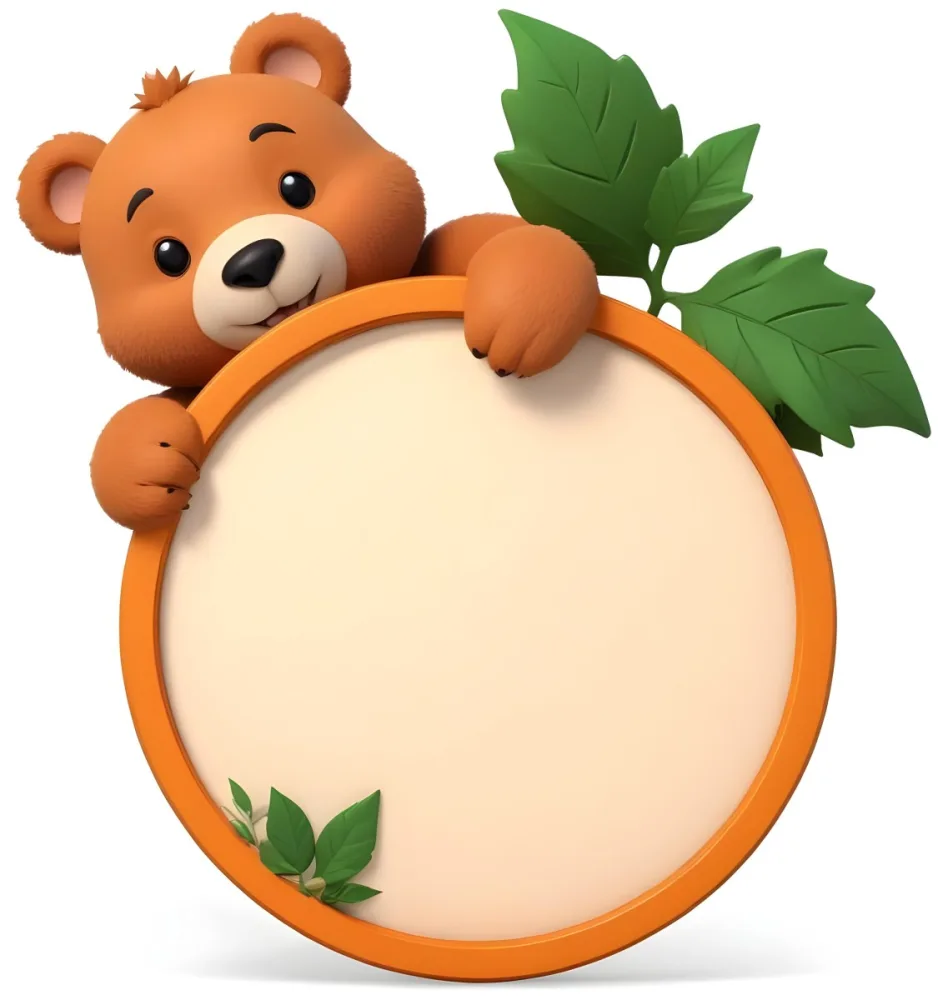 3d Model A Cute Cartoon Bear With A Light Brown Color And A Smiling Face Is Peeking Over The Top Of An Orange Circular Frame The Frame Has A Textured Orange Peel Appearance And Features Green Leaves On The Right Side T 15 0aac