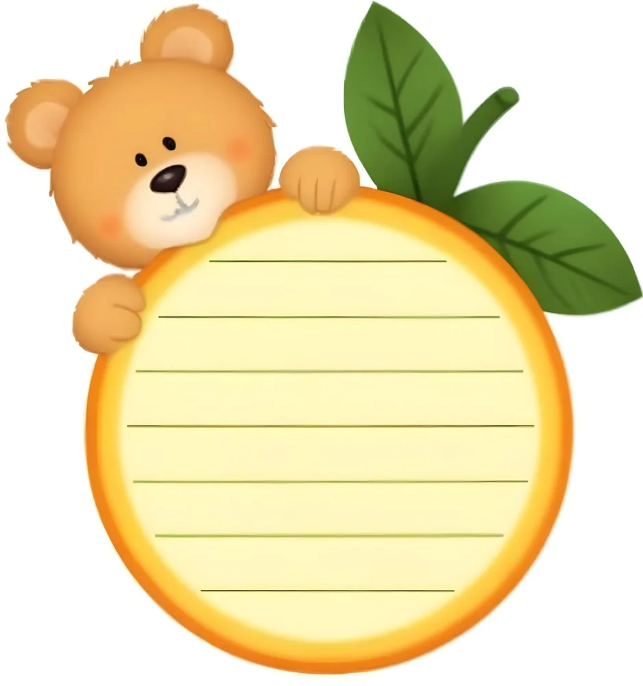 3d Model A Cute Cartoon Bear With A Light Brown Color And A Smiling Face Is Peeking Over The Top Of An Orange Circular Frame The Frame Has A Textured Orange Peel Appearance And Features Green Leaves On The Right Side T 33 407d