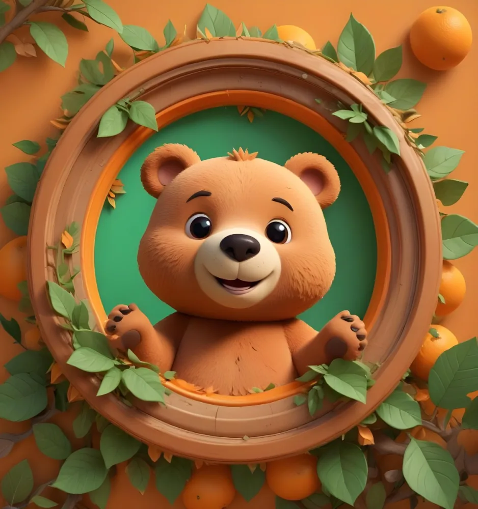 3d Model A Cute Cartoon Bear With A Light Brown Color And A Smiling Face Is Peeking Over The Top Of An Orange Circular Frame The Frame Has A Textured Orange Peel Appearance And Features Green Leaves On The Right Side T 39 2788