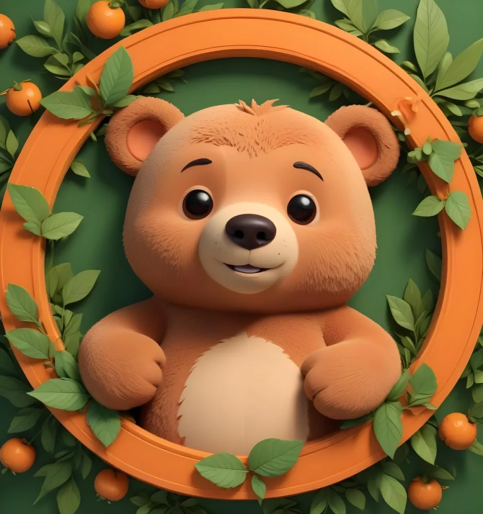 3d Model A Cute Cartoon Bear With A Light Brown Color And A Smiling Face Is Peeking Over The Top Of An Orange Circular Frame The Frame Has A Textured Orange Peel Appearance And Features Green Leaves On The Right Side T 44 D008