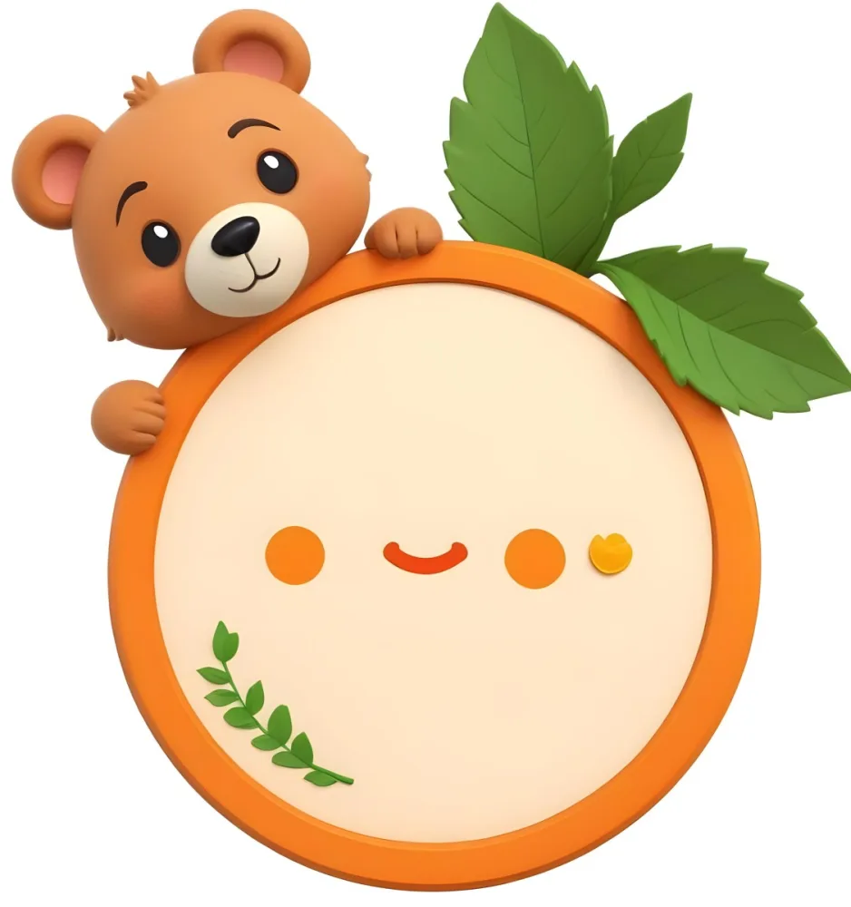 3d Model A Cute Cartoon Bear With A Light Brown Color And A Smiling Face Is Peeking Over The Top Of An Orange Circular Frame The Frame Has A Textured Orange Peel Appearance And Features Green Leaves On The Right Side T 45 B821