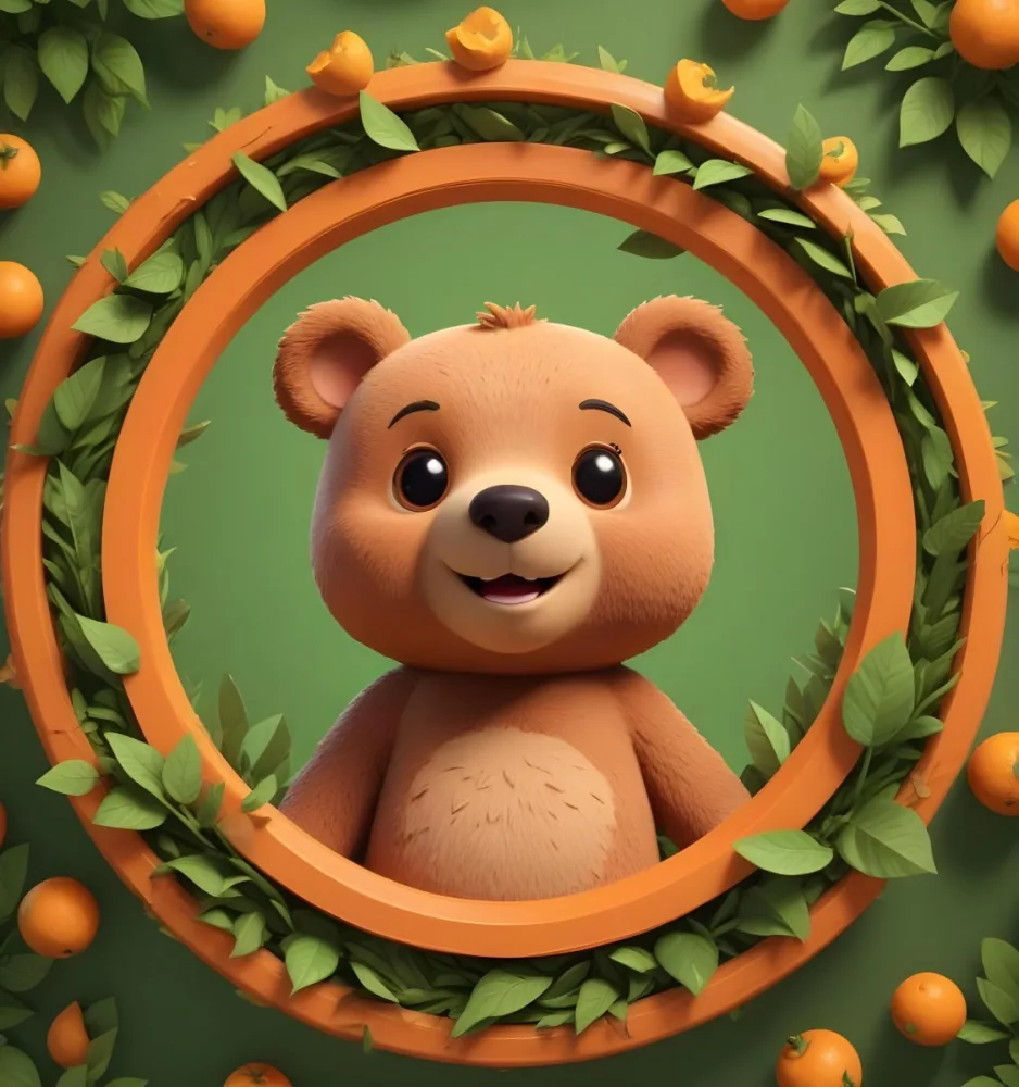 3d Model A Cute Cartoon Bear With A Light Brown Color And A Smiling Face Is Peeking Over The Top Of An Orange Circular Frame The Frame Has A Textured Orange Peel Appearance And Features Green Leaves On The Right Side T 47 Db65