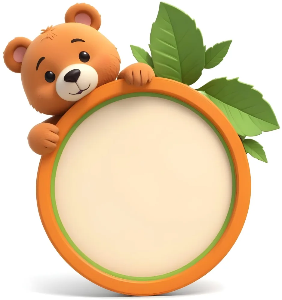 3d Model A Cute Cartoon Bear With A Light Brown Color And A Smiling Face Is Peeking Over The Top Of An Orange Circular Frame The Frame Has A Textured Orange Peel Appearance And Features Green Leaves On The Right Side T 50 3def