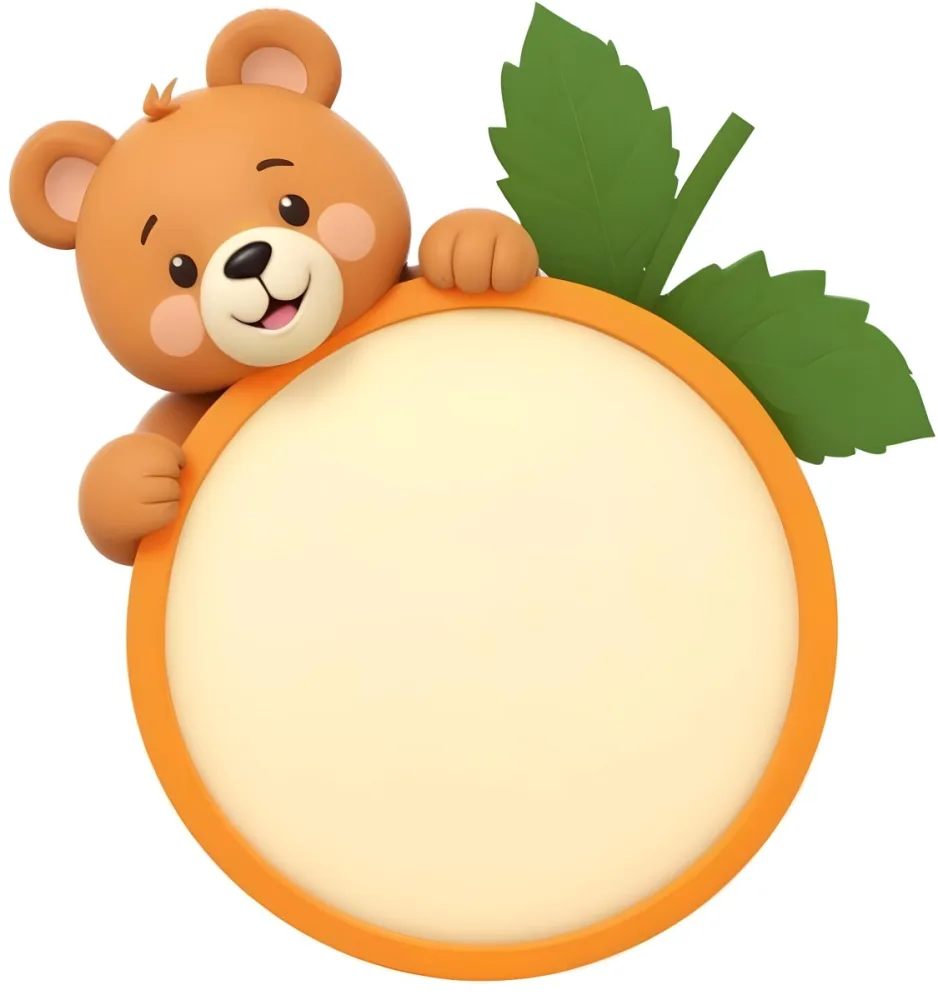 3d Model A Cute Cartoon Bear With A Light Brown Color And A Smiling Face Is Peeking Over The Top Of An Orange Circular Frame The Frame Has A Textured Orange Peel Appearance And Features Green Leaves On The Right Side T 8 1913