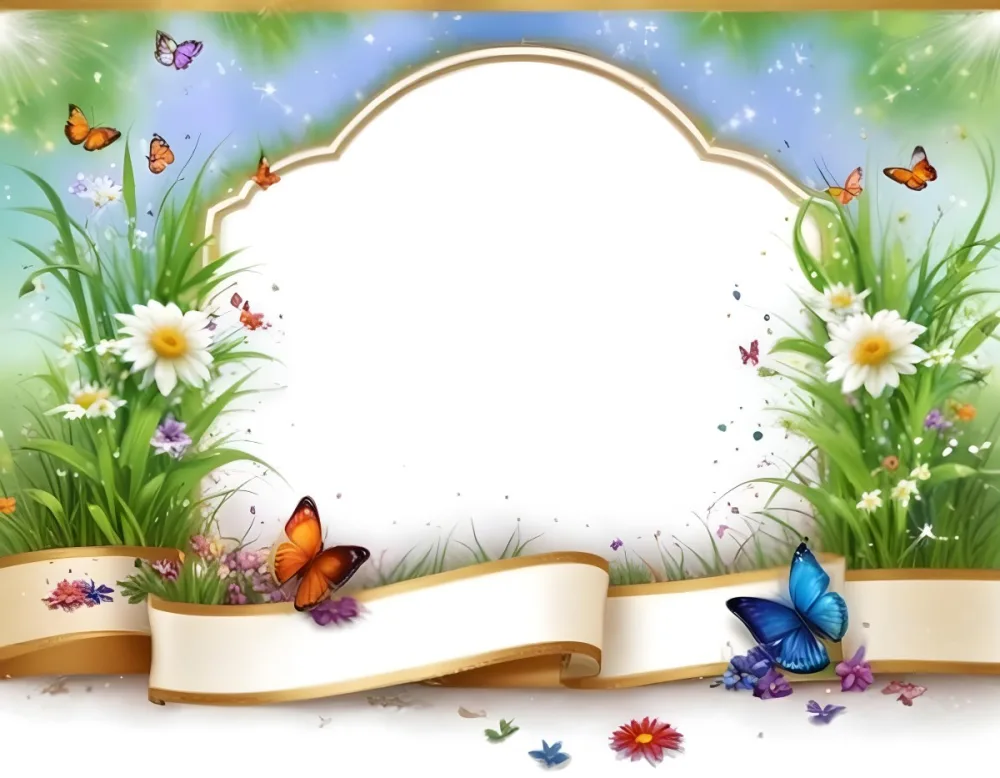 3d Model A Decorative Border Featuring Vibrant Green Grass And Colorful Flowers With Two Butterflies Resting On The Ground The Background Is A Light Blue Sky With Sparkles And There Is A Blank White Space In The Cen 13 D5ee