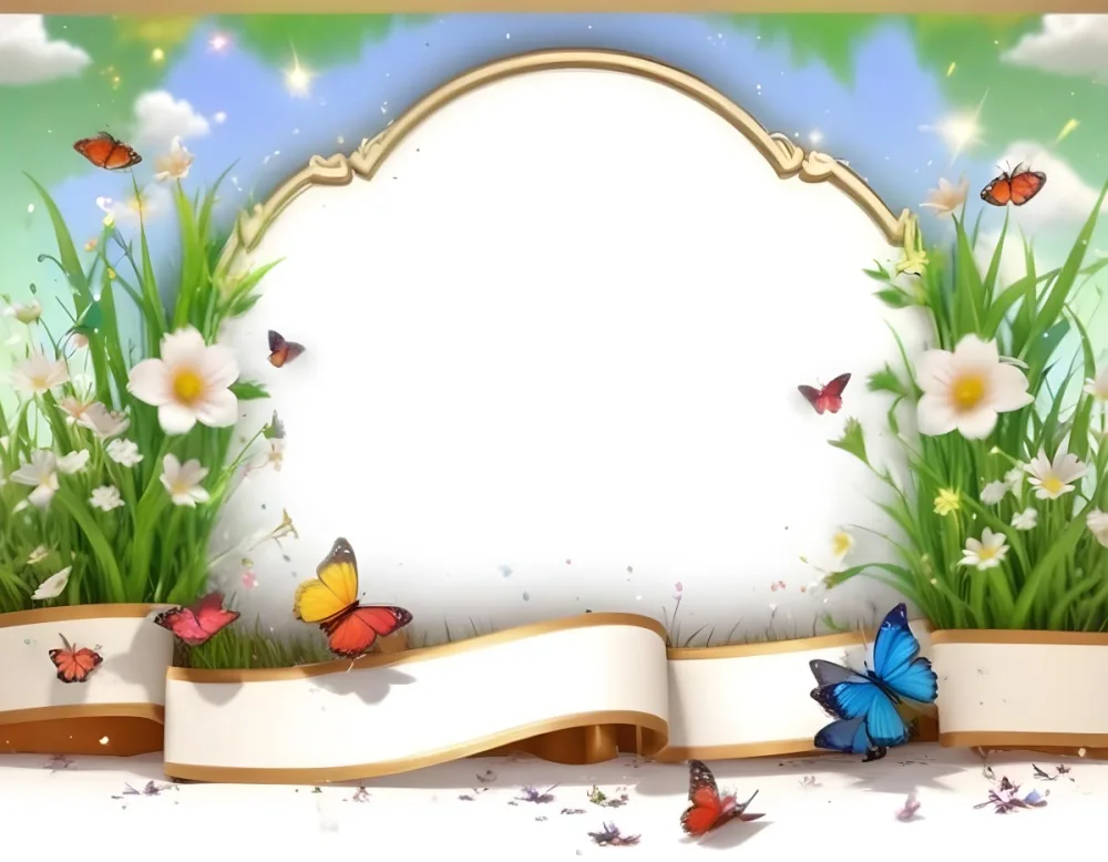 3d Model A Decorative Border Featuring Vibrant Green Grass And Colorful Flowers With Two Butterflies Resting On The Ground The Background Is A Light Blue Sky With Sparkles And There Is A Blank White Space In The Cen 23 C198