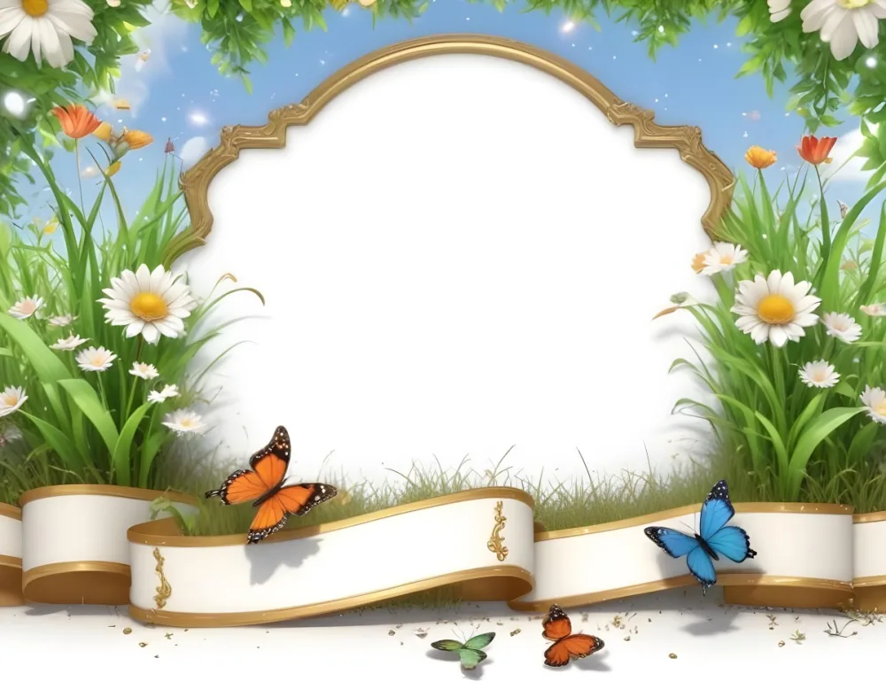 3d Model A Decorative Border Featuring Vibrant Green Grass And Colorful Flowers With Two Butterflies Resting On The Ground The Background Is A Light Blue Sky With Sparkles And There Is A Blank White Space In The Cen 27 35de