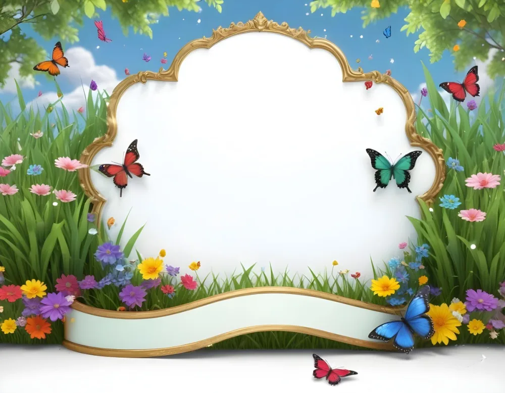 3d Model A Decorative Border Featuring Vibrant Green Grass And Colorful Flowers With Two Butterflies Resting On The Ground The Background Is A Light Blue Sky With Sparkles And There Is A Blank White Space In The Cen 32 2c7f