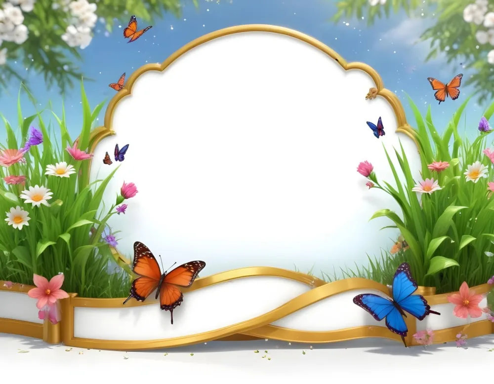 3d Model A Decorative Border Featuring Vibrant Green Grass And Colorful Flowers With Two Butterflies Resting On The Ground The Background Is A Light Blue Sky With Sparkles And There Is A Blank White Space In The Cen 36 5050