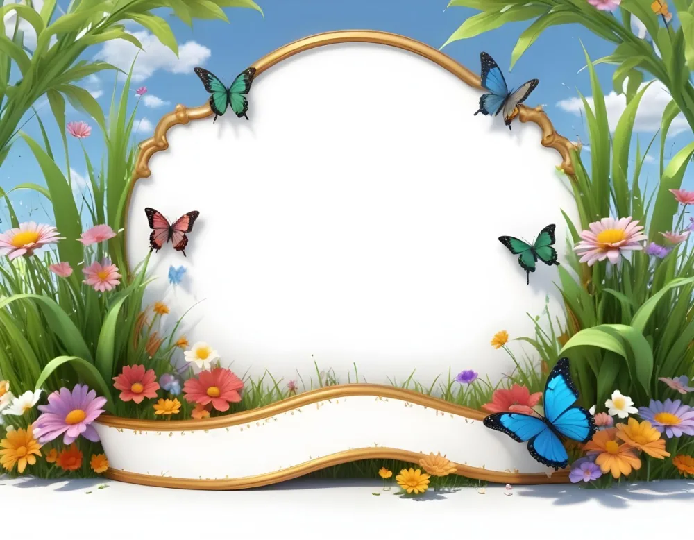 3d Model A Decorative Border Featuring Vibrant Green Grass And Colorful Flowers With Two Butterflies Resting On The Ground The Background Is A Light Blue Sky With Sparkles And There Is A Blank White Space In The Cen 38 2ff4