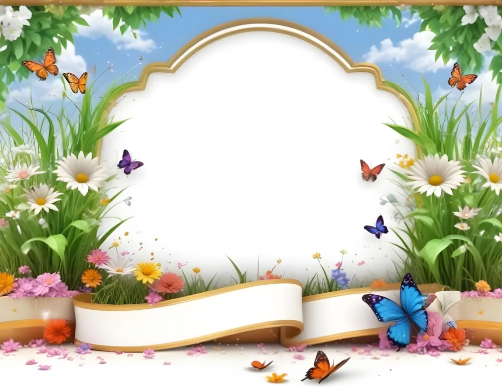 3d Model A Decorative Border Featuring Vibrant Green Grass And Colorful Flowers With Two Butterflies Resting On The Ground The Background Is A Light Blue Sky With Sparkles And There Is A Blank White Space In The Cen 4 Caa2