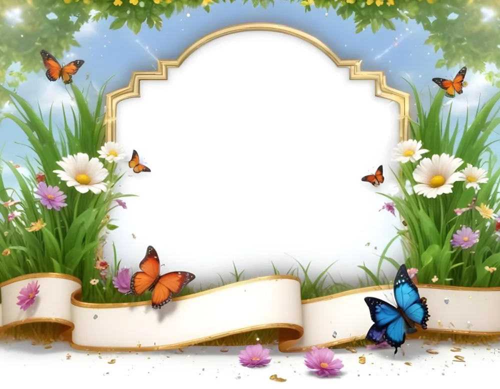 3d Model A Decorative Border Featuring Vibrant Green Grass And Colorful Flowers With Two Butterflies Resting On The Ground The Background Is A Light Blue Sky With Sparkles And There Is A Blank White Space In The Cen 44 62cd