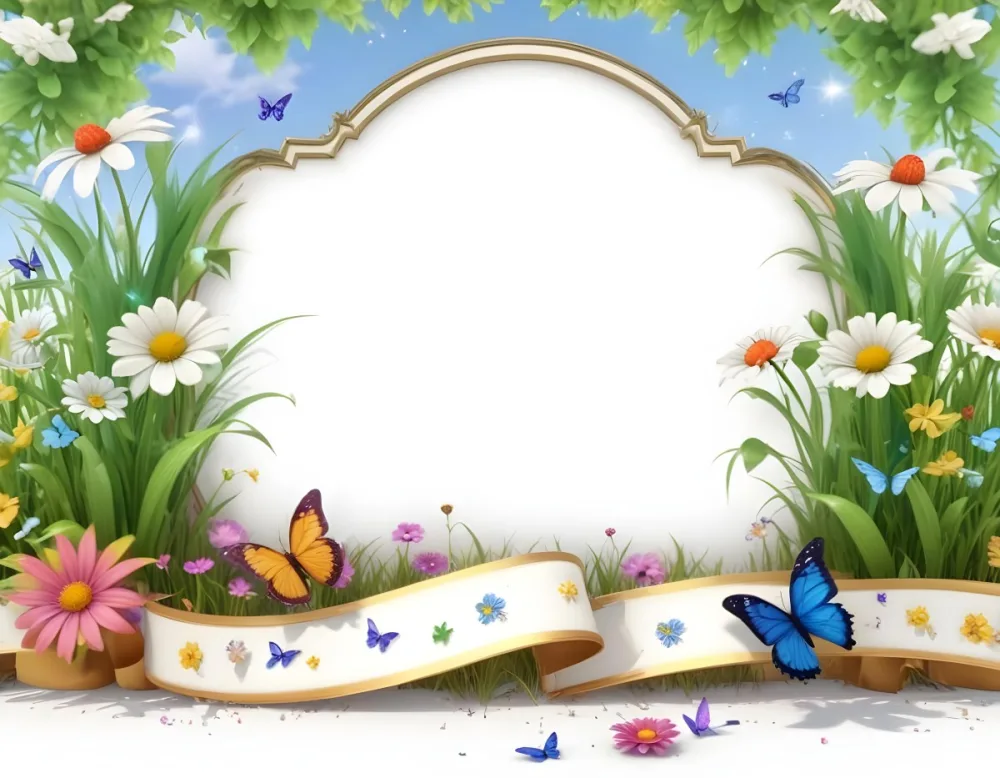 3d Model A Decorative Border Featuring Vibrant Green Grass And Colorful Flowers With Two Butterflies Resting On The Ground The Background Is A Light Blue Sky With Sparkles And There Is A Blank White Space In The Cen 46 D7cf