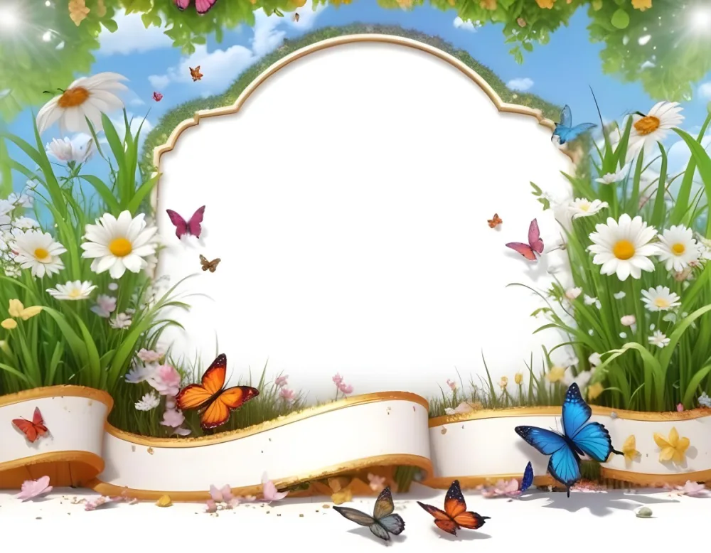 3d Model A Decorative Border Featuring Vibrant Green Grass And Colorful Flowers With Two Butterflies Resting On The Ground The Background Is A Light Blue Sky With Sparkles And There Is A Blank White Space In The Cen 52 5b0f