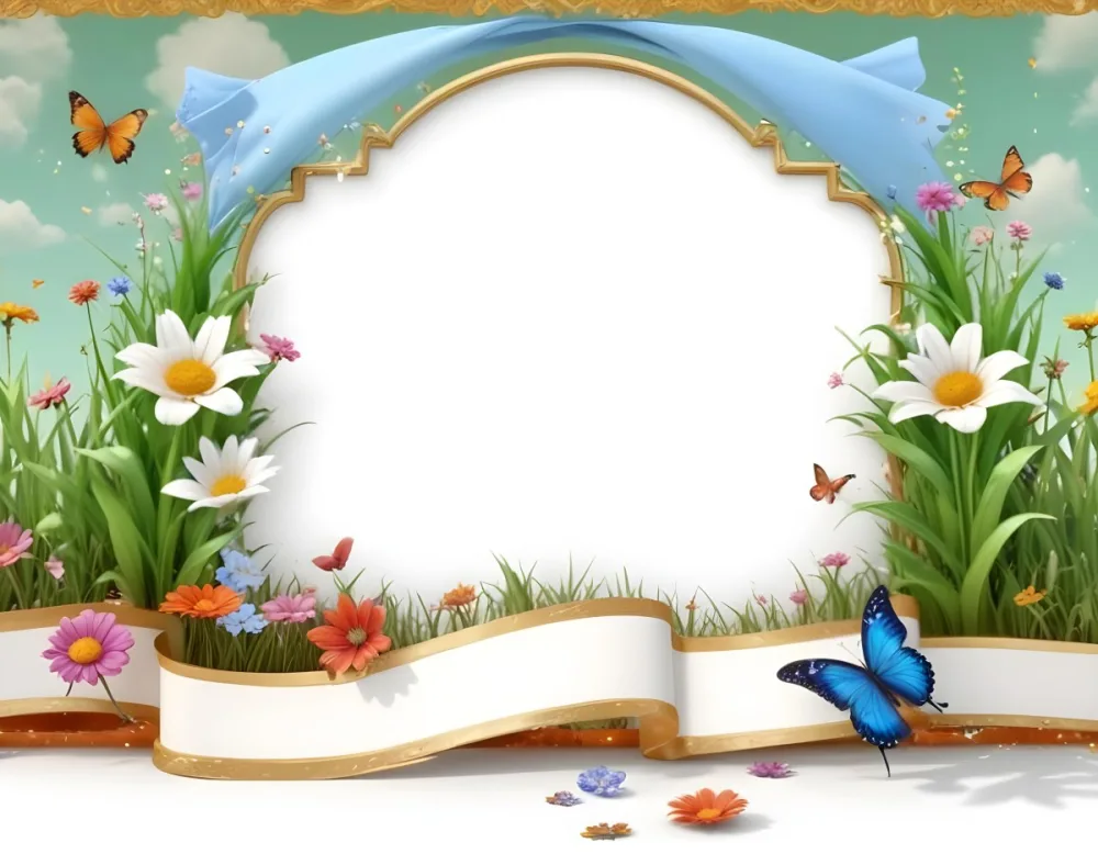 3d Model A Decorative Border Featuring Vibrant Green Grass And Colorful Flowers With Two Butterflies Resting On The Ground The Background Is A Light Blue Sky With Sparkles And There Is A Blank White Space In The Cen 55 7a0c