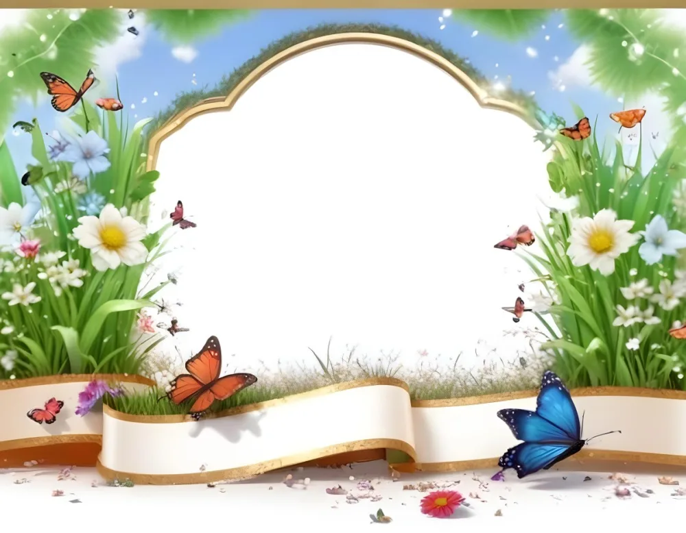 3d Model A Decorative Border Featuring Vibrant Green Grass And Colorful Flowers With Two Butterflies Resting On The Ground The Background Is A Light Blue Sky With Sparkles And There Is A Blank White Space In The Cen 57 13fb
