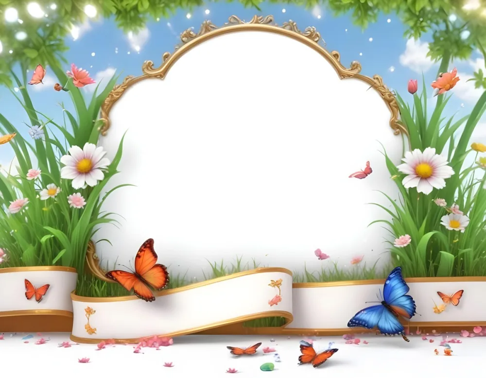 3d Model A Decorative Border Featuring Vibrant Green Grass And Colorful Flowers With Two Butterflies Resting On The Ground The Background Is A Light Blue Sky With Sparkles And There Is A Blank White Space In The Cen 60 60e0