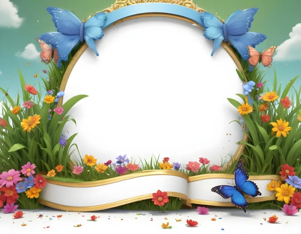 3d Model A Decorative Border Featuring Vibrant Green Grass And Colorful Flowers With Two Butterflies Resting On The Ground The Background Is A Light Blue Sky With Sparkles And There Is A Blank White Space In The Cen 62 4bb5
